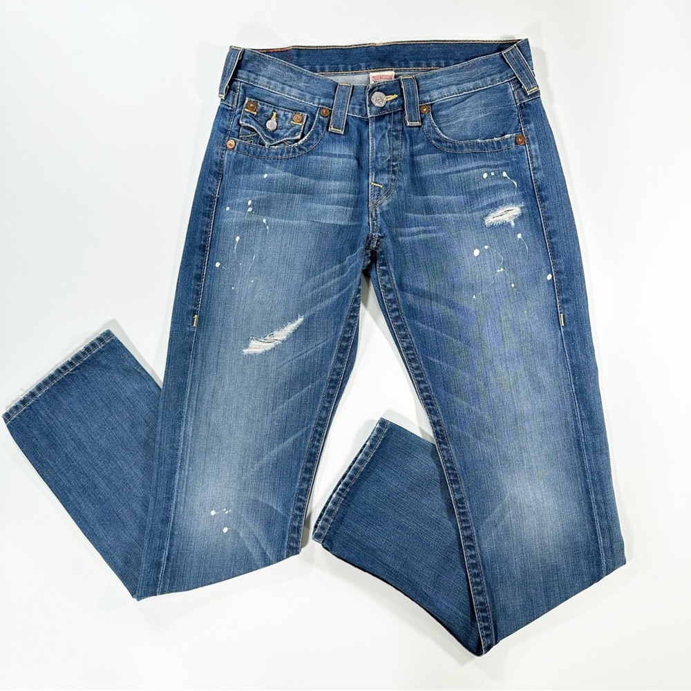 True Religion Distressed Straight Leg Jeans in Medium Blue
